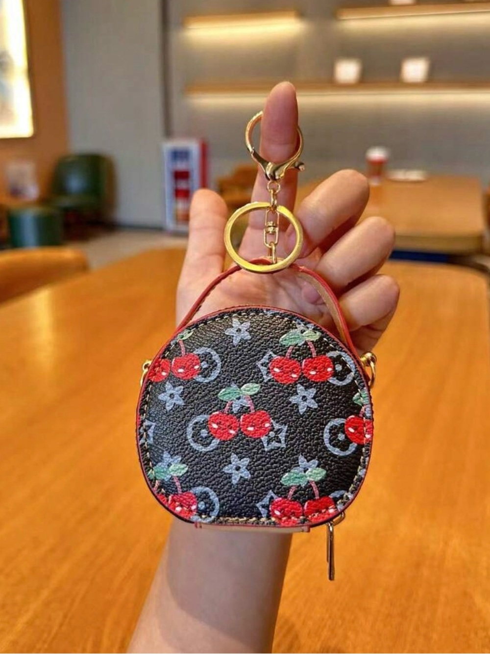 Cherry Print Round Coin Pouch Keychain Bag Charm Crossbody bag-Red/Black